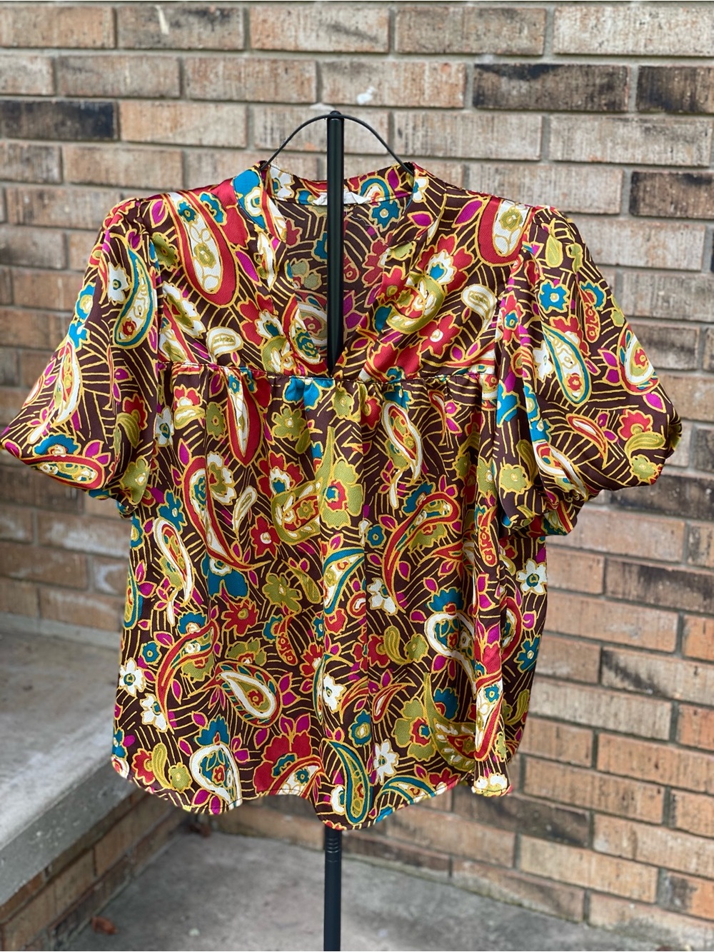 Entro Medium Paisley Floral Babydoll Blouse Puff Sleeve Boho Colorful